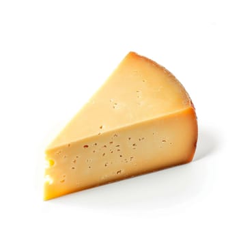 Close-up image featuring delicious cheese wedge on white background showing texture and quality, perfect for food enthusiasts.