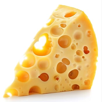 Closeup of Swiss cheese wedge with holes isolated on white. Concept of dairy products, freshness, and gourmet food.