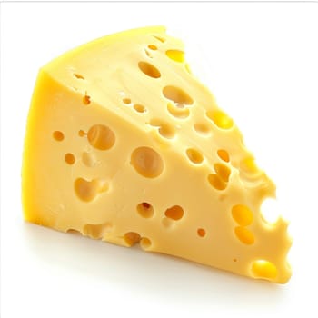 High-quality image of Swiss cheese wedge, full of holes, isolated on white, perfect for food industry professionals and culinary designs.