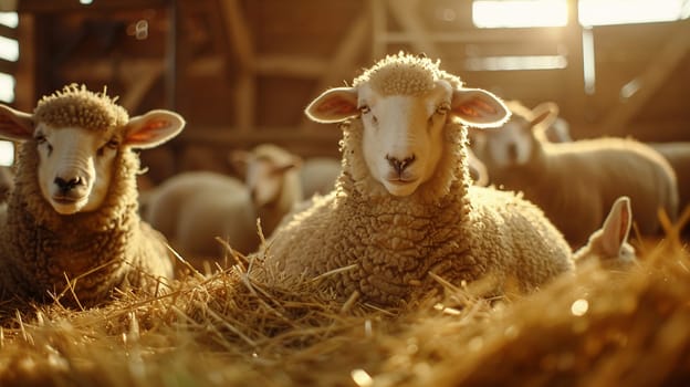 Flock of sheep captured in warm sunlight inside a barn, peacefully resting on hay. Serene farm animals in a rural setting convey a sense of calm and agriculture.