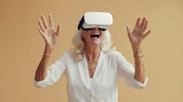 Joyful mature woman with white hair having fun using virtual reality glasses. Senior tech adoption and leisure concept. Generative AI