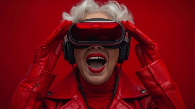 Joyful senior lady in red enjoying virtual reality with a VR headset, showing excitement and amazement, isolated on red background. Generative AI