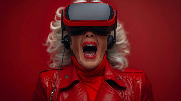 Energetic elder female in red enjoys virtual reality headset, expressing thrill and excitement against vivid background. Generative AI
