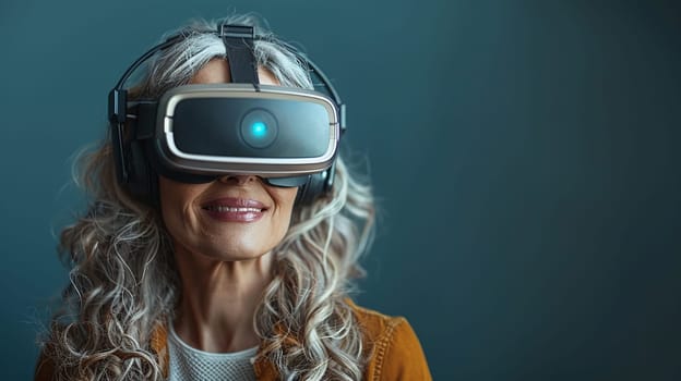 Senior woman immersed in virtual reality, technology excitement captured in modern setting. Mature female engrossed in VR adventure. Generative AI