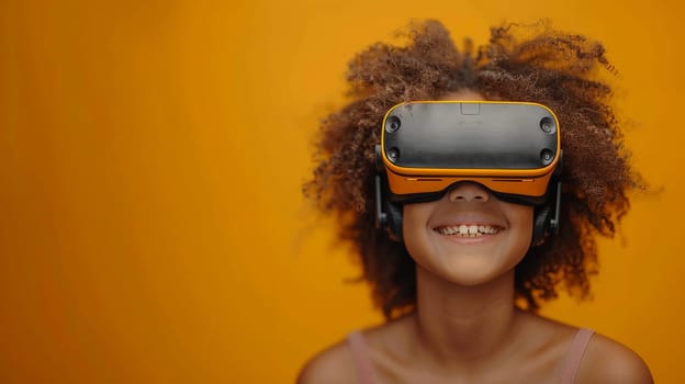 Joyful young child wearing virtual reality glasses stands against vibrant yellow backdrop, immersed in cutting-edge VR technology. Generative AI