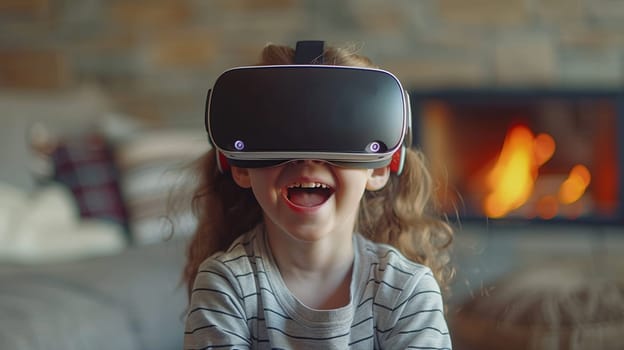 Indoor photo capturing excitement of young kid engrossed in a virtual reality headset, with cozy fireplace in background. Concept of modern entertainment and technology in childhood. Generative AI