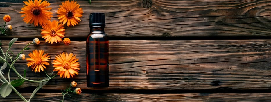 calendula essential oil in a bottle. Selective focus. Nature.