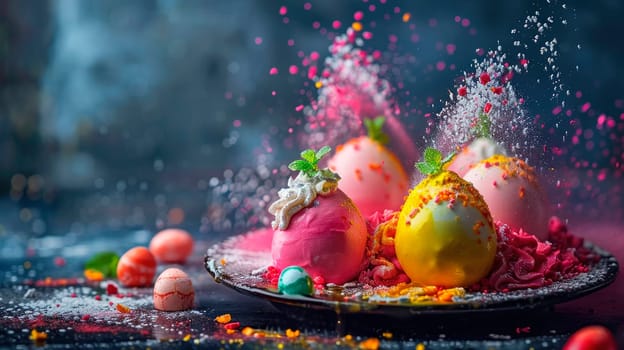 Beautiful Easter dessert and colorful eggs splash. Selective focus. Food.