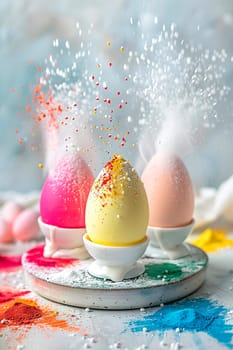 Beautiful Easter dessert and colorful eggs splash. Selective focus. Food.