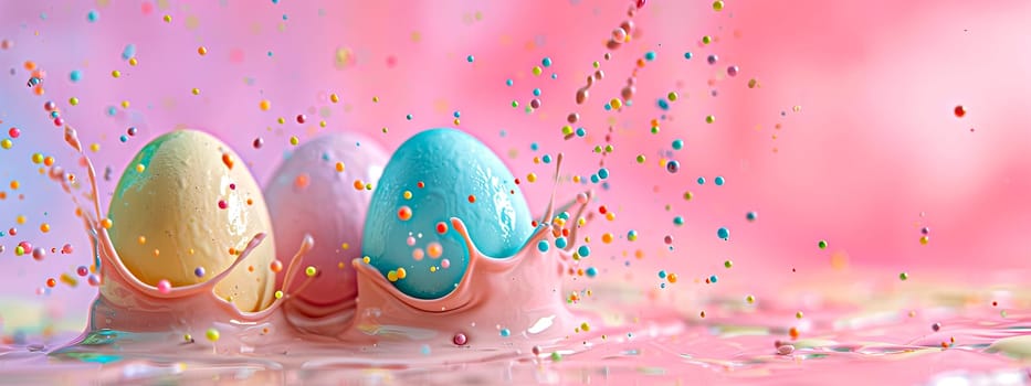 Beautiful Easter dessert and colorful eggs splash. Selective focus. Food.