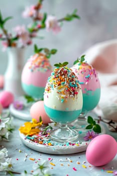 Beautiful Easter dessert and colorful eggs splash. Selective focus. Food.