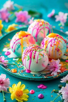 Beautiful Easter dessert and colorful eggs splash. Selective focus. Food.