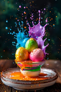 Beautiful Easter dessert and colorful eggs splash. Selective focus. Food.