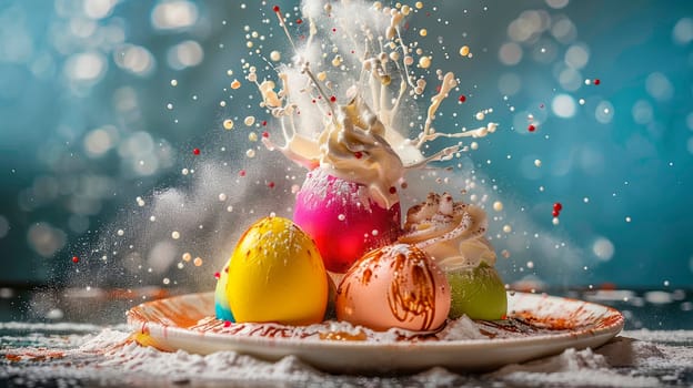 Beautiful Easter dessert and colorful eggs splash. Selective focus. Food.