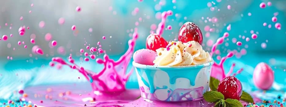 Beautiful Easter dessert and colorful eggs splash. Selective focus. Food.