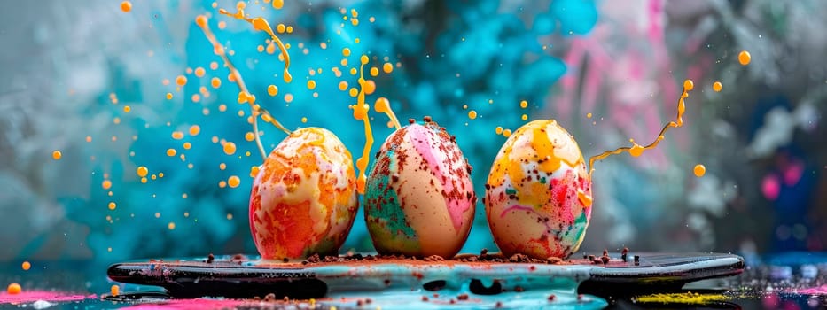 Beautiful Easter dessert and colorful eggs splash. Selective focus. Food.