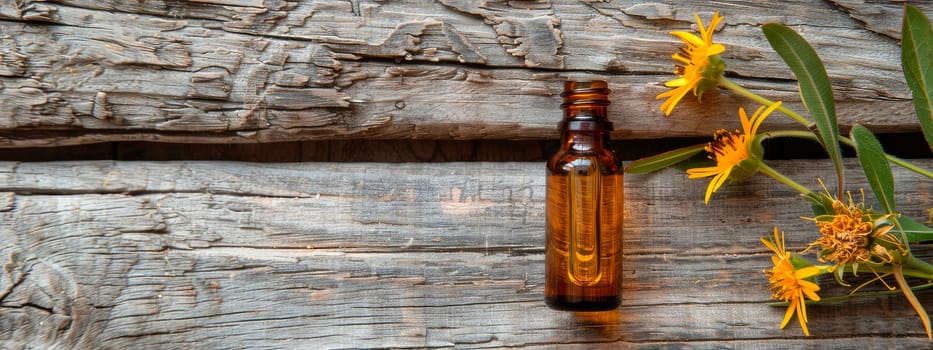 elecampane essential oil in a bottle. Selective focus. Nature.