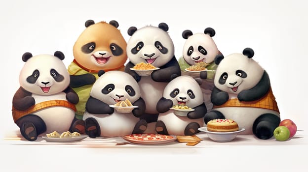 large family of cute different fluffy pandas having fun eating different food,dumplings,noodles,pizza and pies, parents with children sitting next to each other,sacred Chinese animal,Generated AI