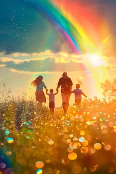 Family against the background of a rainbow in the sky. Selective focus. nature.