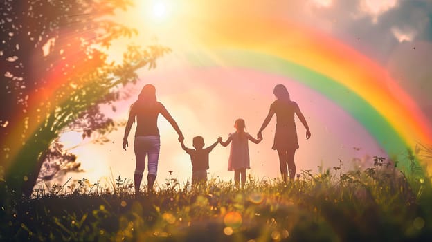 Family against the background of a rainbow in the sky. Selective focus. nature.