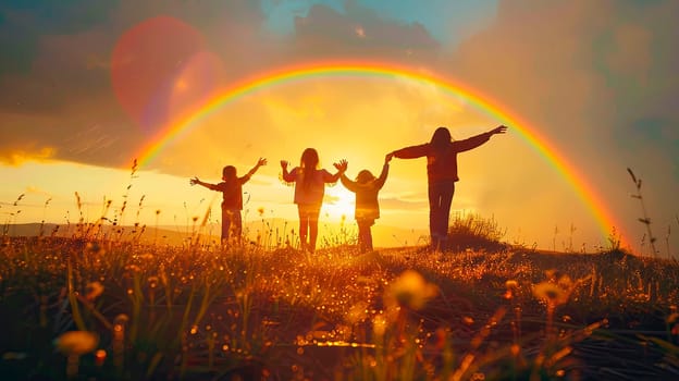 Family against the background of a rainbow in the sky. Selective focus. nature.