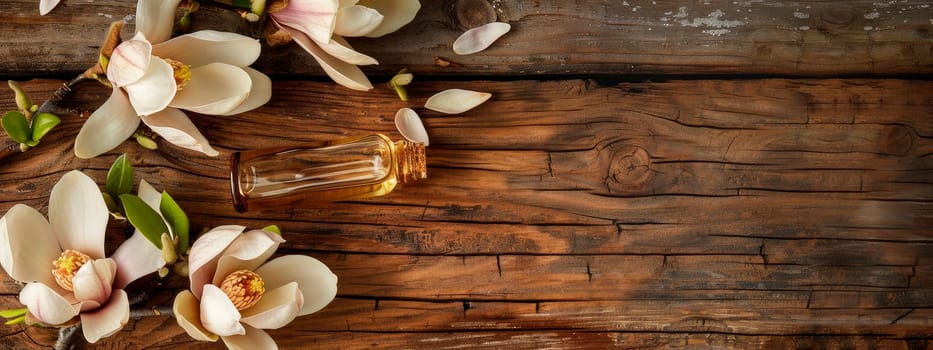 magnolia essential oil in a bottle. Selective focus. Nature.