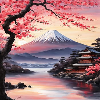 Traditional Japanese pagoda with iconic Mount Fuji in background, capturing essence of Japans natural beauty, cultural heritage. For interior, commercial spaces to create stylish atmosphere, print