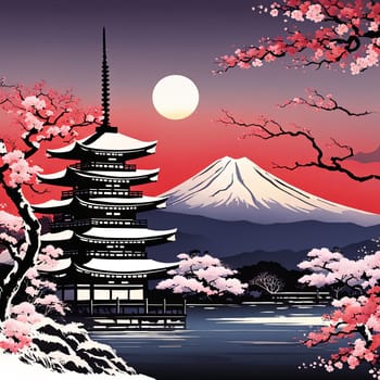 A serene landscape with a mountain and a pagoda in the background. The sky is filled with a beautiful pink hue, and the moon is shining brightly. Concept of peace and tranquility