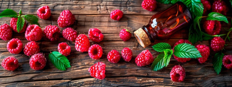 raspberry essential oil in a bottle. selective focus. nature.