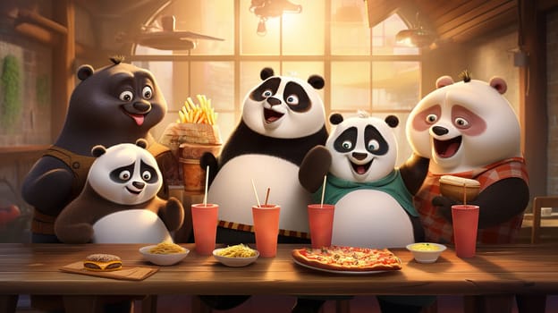 Large family of cute different fluffy pandas having fun eating various fast food, french fries, hamburgers and drinking dirty soda in a cozy kitchen,Generated AI