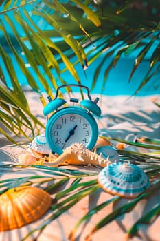 Alarm clock on a summer background. selective focus. summer time.