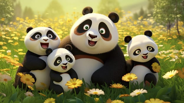 diverse family of cute fluffy pandas of different ages in the forest in flower meadow, clearing, amicably and peacefully sitting together and enjoying summer fun,Generated AI