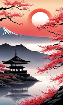 Serene landscape with mountain, pagoda in background. For meditation apps, on covers of books about spiritual growth, in designs for yoga studios, spa salons, illustration for articles on inner peace