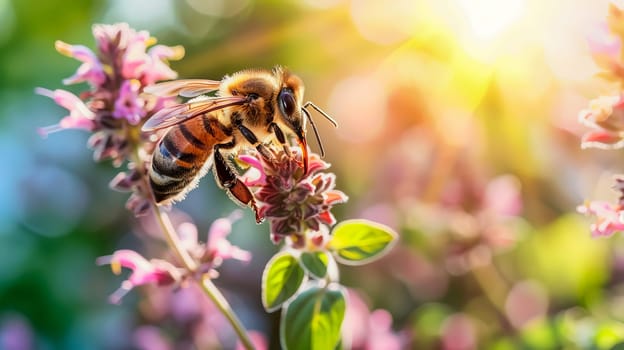 A honey bee collects nectar from oregano flowers in a garden in summer.