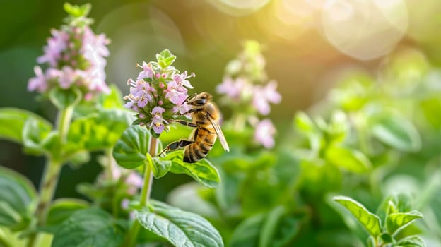 A honey bee collects nectar from oregano flowers in a garden in summer.