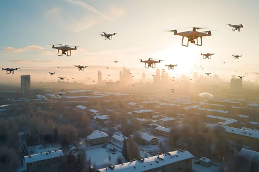 Group of drones over city at winter morning. Neural network generated image. Not based on any actual scene or pattern.