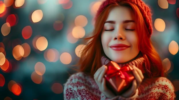 Beautiful redhead young adult woman with gift for Valentines Day with bokeh at background. Neural network generated image. Not based on any actual person or scene.