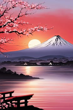 Serene, peaceful, japanese scene of lake with bridge in background. Concept of calm, tranquility, as if one were to take break from hustle. For interior, commercial spaces to create stylish atmosphere