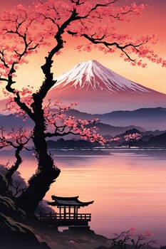 Serene, peaceful, japanese scene of lake with bridge in background. Concept of calm, tranquility, as if one were to take break from hustle. For interior, commercial spaces to create stylish atmosphere