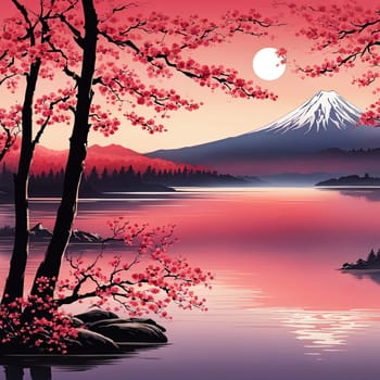 Majestic Mount Fuji in foreground, complemented by delicate backdrop of cherry blossoms in full bloom, tranquility of Japans iconic landscapes. For art, creative projects, fashion, style, magazines