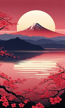 Painting of japanese Mount Fuji at sunset. For meditation apps, on covers of books about spiritual growth, in designs for yoga studios, spa salons, illustration for articles on inner peace, banner