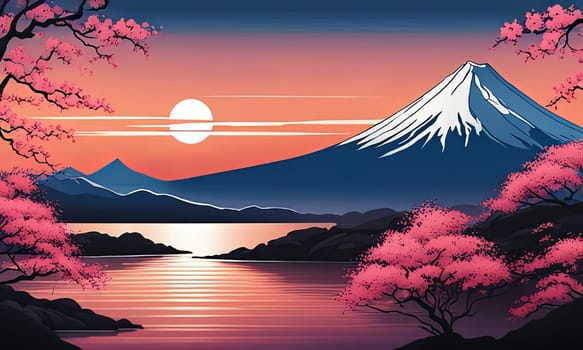 Japanese landscape with mountain, cherry blossom tree. For meditation apps, on covers of books about spiritual growth, in designs for yoga studios, spa salons, illustration for articles on inner peace