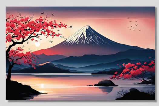 Painting of japanese Mount Fuji at sunset. For meditation apps, on covers of books about spiritual growth, in designs for yoga studios, spa salons, illustration for articles on inner peace, banner