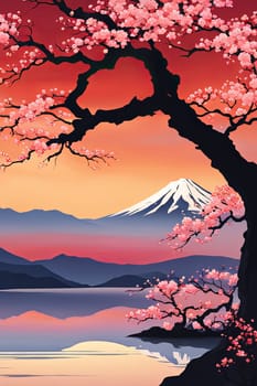 Mount Fuji range with red tree in foreground. For meditation apps, on covers of books about spiritual growth, in designs for yoga studios, spa salons, illustration for articles on inner peace, print