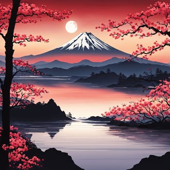 Japanese landscape adorned with vibrant cherry blossoms in full bloom, symbolizing beauty, transience of nature. For art, style, advertising campaigns, blogs, social media, web design, print, magazine