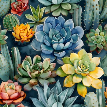 a seamless pattern of colorful succulents and cactus on a dark background High quality