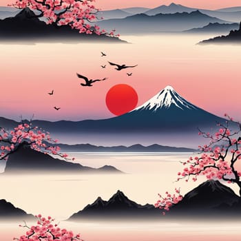 Majestic Mount Fuji, Japans iconic peak, bathed in warm hues of breathtaking sunset. Tranquil beauty of scene is accentuated by blending colors of sky. For art, creative projects, fashion, magazines