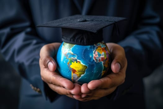 A person is shown holding a small globe in their hands, examining it closely.