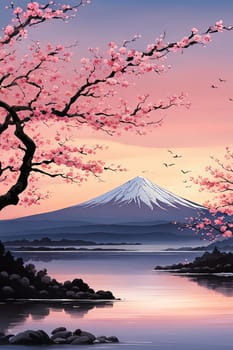 Beauty of cherry blossoms in full bloom reflected on tranquil surface of lake, creating peaceful harmonious scene. For art, creative projects, fashion, style, advertising campaigns, blogs, magazine