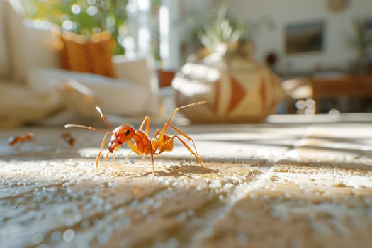 A red ant marches across a sun-drenched surface inside a room, with blurred furniture and plants in the background.
